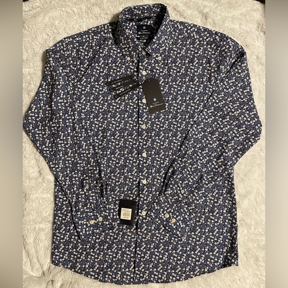NWT Ben Sherman All Way Stretch Slim Fit Curved Hem Floral Button Up Shirt